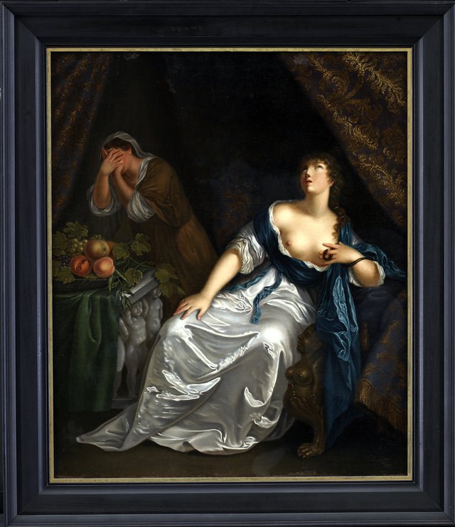 Kleopatras død. Spejlvendt kopi efter Caspar Netscher i Staatliche Kunsthalle, Karlsruhe by Julie Lütken